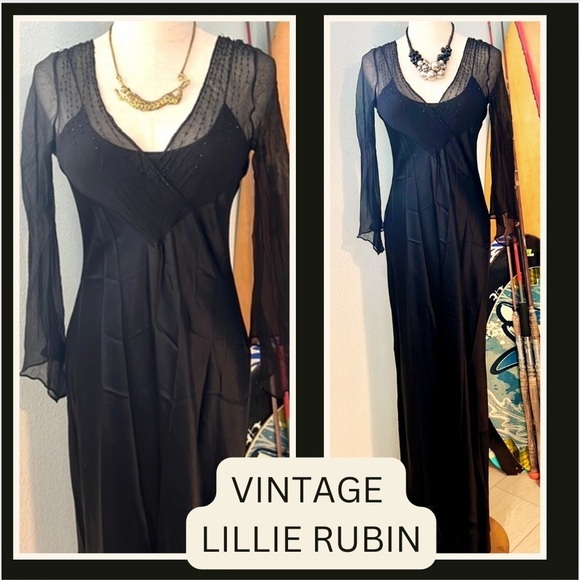 VTG Lillie Rubin,Chiffon Upper,Silky Black Satin Dress,Gorgeous Sheer Sleeves,8M - Picture 4 of 15
